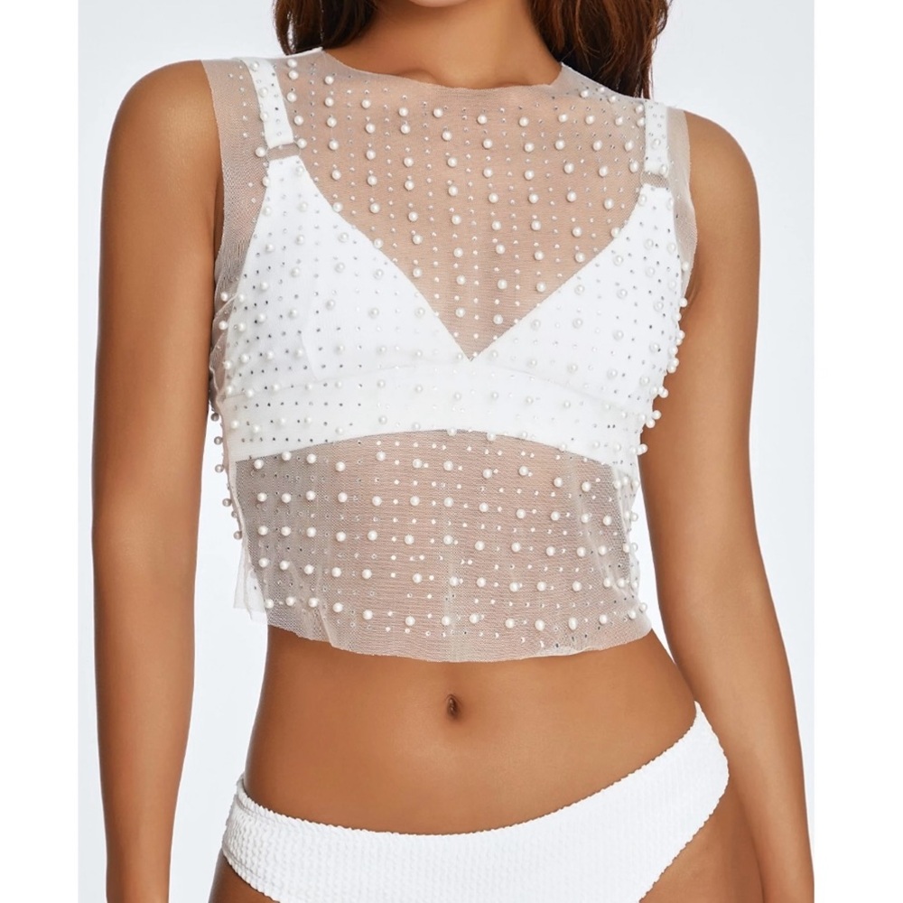 White Sheer Pearl Bead Sequin Crop Top Sz M
